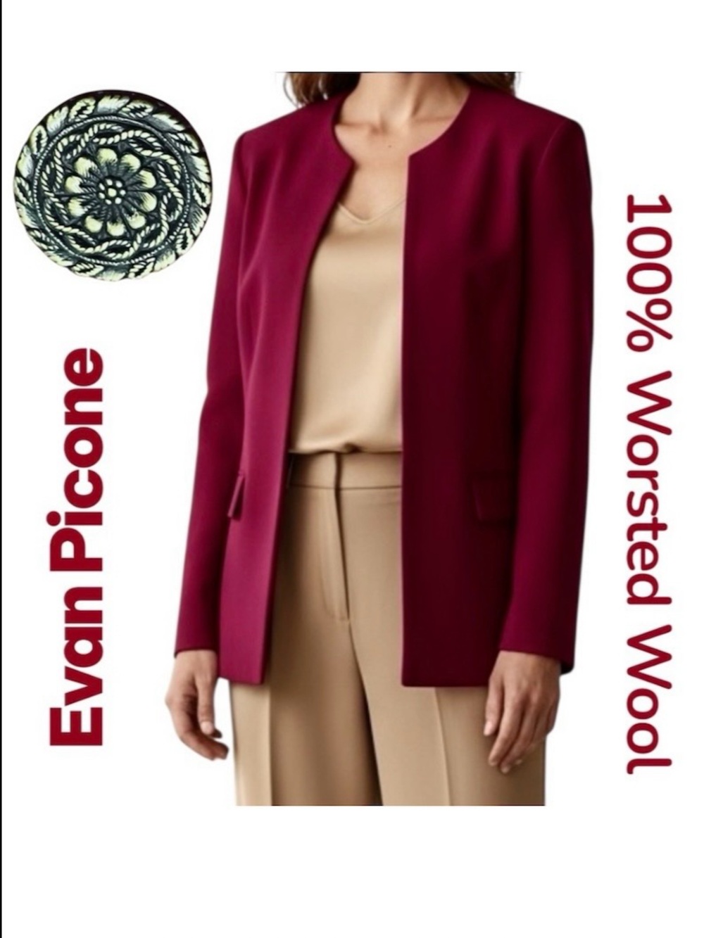 Evan Picone Blazer 100% Worsted Wool Burgundy Buttons Up Made/USA Sz 16